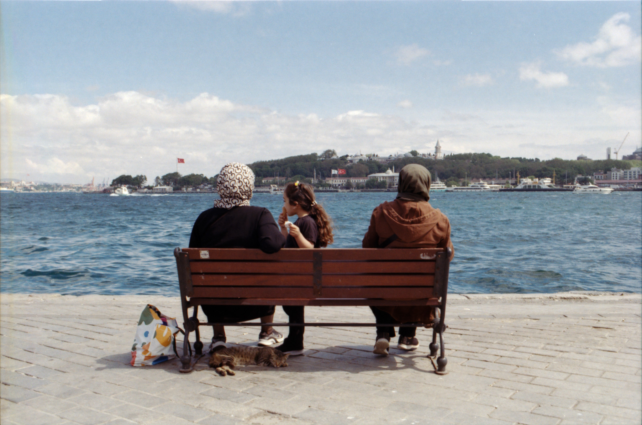 Three people and a cat on a bench overlooking the Bosphorus, Istanbul